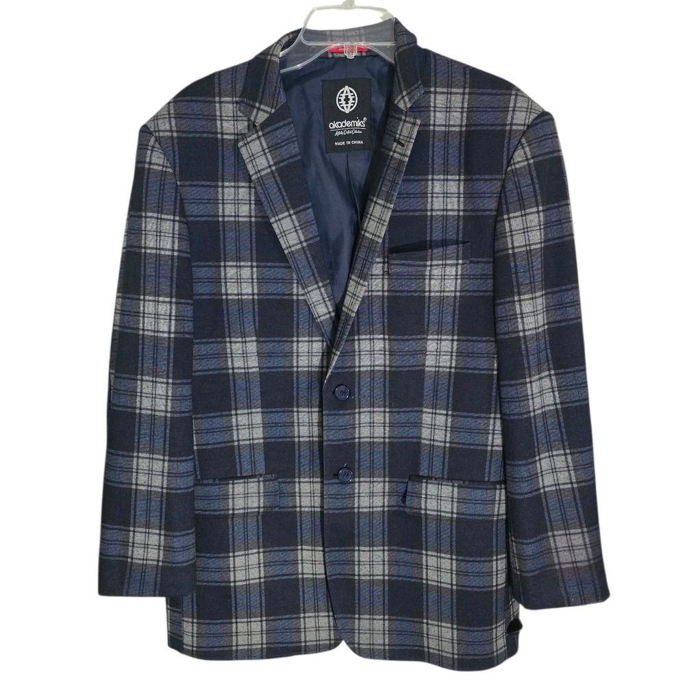 Akademiks Mens Plaid Blazer Navy Blue Grey Elbow‎ Patches Modern Fit 42R